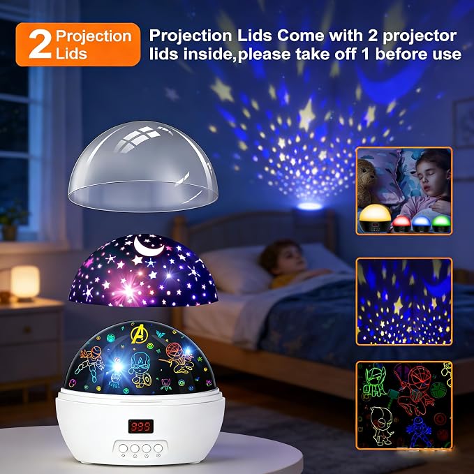 MOKOQI Kid Light Projector Superhero Toys for Boys 5-7 Avengers Night Light | Projector with Timer for Kids Room, 360 Degree Rotation Toddler Nightlights with Spiderman Figurine Star Lamps White