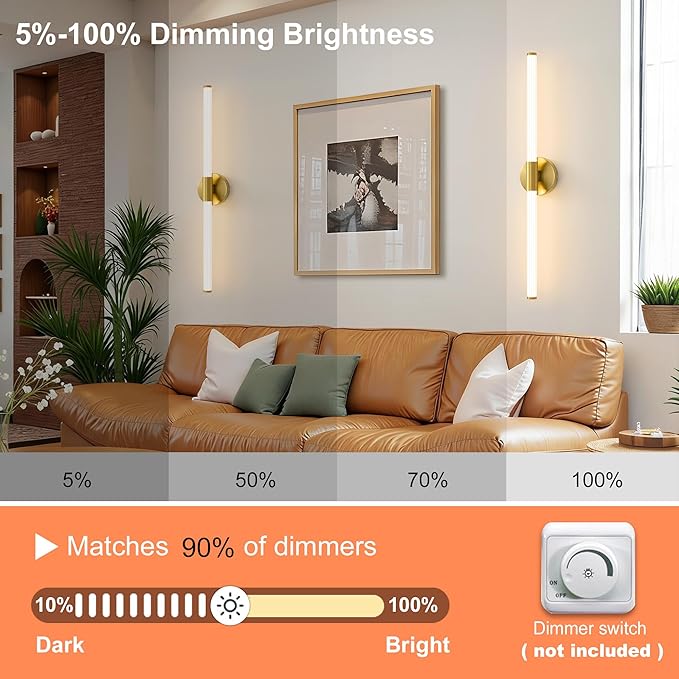 Dimmable LED Bathroom Vanity Lights 360° Full Lighting Bathroom Light Fixtures Over Mirror Vanity Light Bar Modern Wall Sconce Warm White for Bedroom Living Room Hardwired Gold, 31 inch
