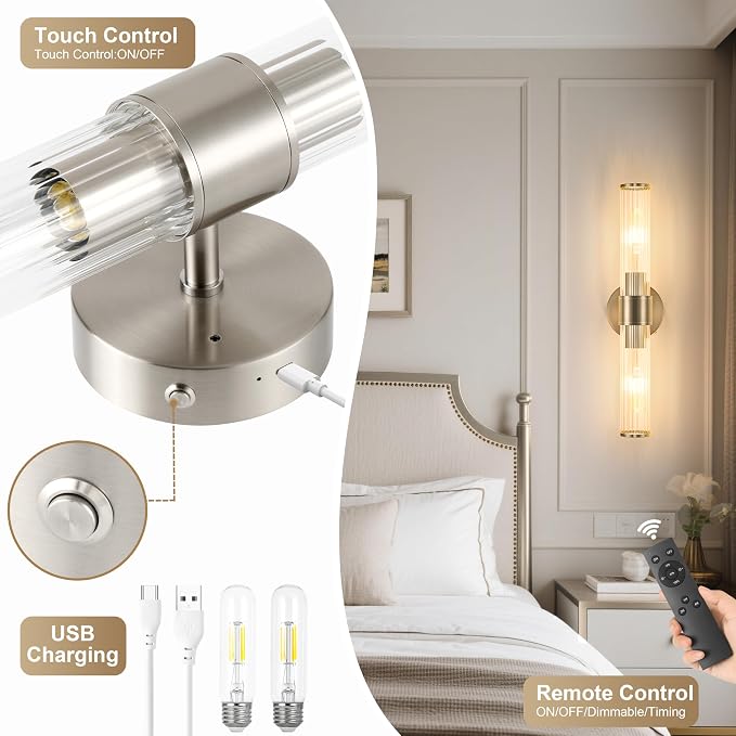 Morauroral Sand Nickel Battery Operated Wall Sconces Set of Two, Rechargeable Wall Sconce with Dimmable Remote Control, 20 Inch Wireless Sconce Wall Light for Bedroom, Living Room (Bulbs Included)