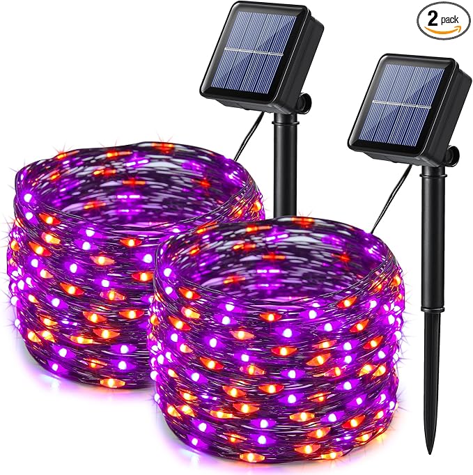 Lomotech Orange Purple Halloween Solar Lights, 2 Pack Total 66ft 200 LED | Solar Fairy Lights, Waterproof Outdoor Twinkle Lights with 8 Modes for Garden, Porch, Trees, Halloween Decor (Black Wire)
