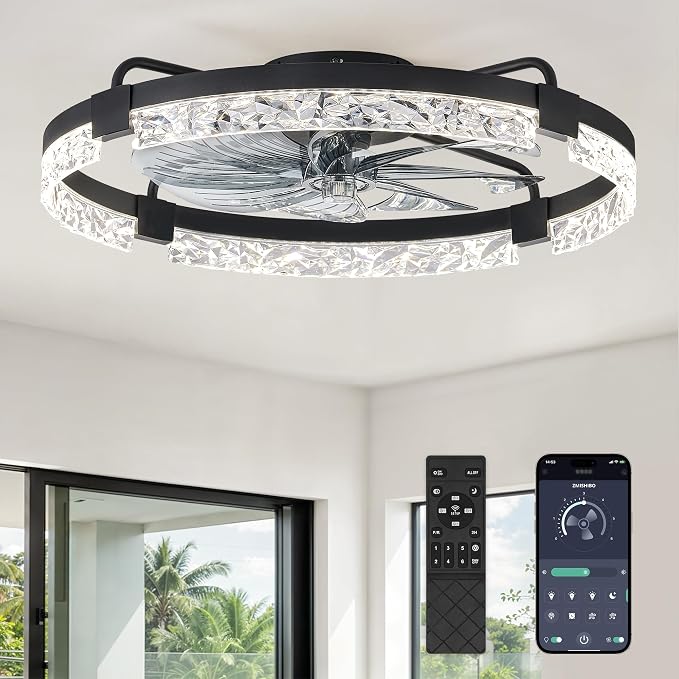 ZMISHIBO 24 Inch Ceiling Fans with Lights, Flush Mount Remote & App Control | 3CCT Dimmable LED, DC Motor, Bladeless, Reversible Blade, 6 Speeds, Modern, Low Profile, Enclosed, Bedroom, Kids, Girl, Adult