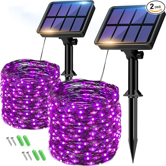 btfarm 2 Pack Solar Halloween String Lights Outdoor Purple | Total 160LED 66FT Solar Fairy Lights Outside Waterproof, 8 Modes Solar Powered Twinkle for Tree Garden Patio Spooky Decor