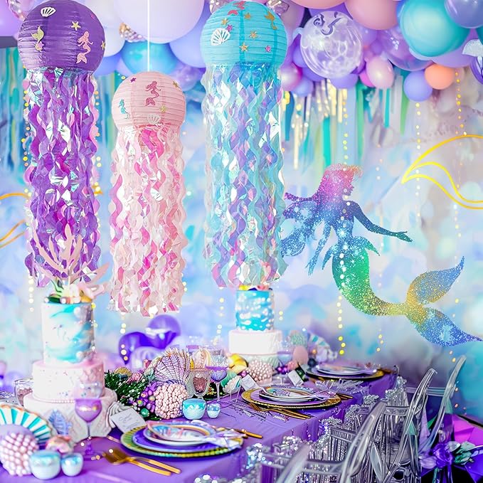 12" Colorful Jellyfish Lanterns - Mermaid Birthday Party Decorations, Under the Sea & Ocean Theme Hanging Jellyfish Decor for Classroom, Nautical Events, and Underwater Adventure (Set of 6)