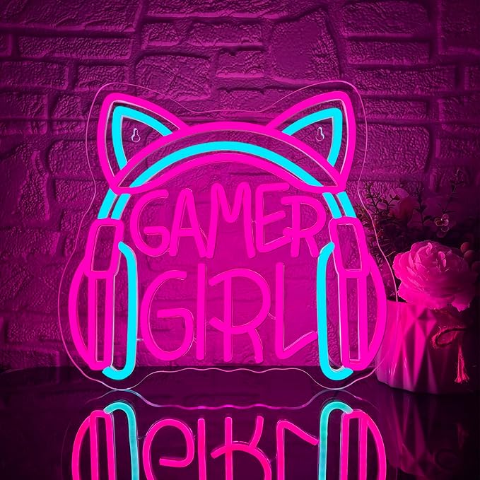 Mutank Gamer Girl Cat Headphones Neon Sign, Game Room Neon Sign USB Powered Game Headphone Sign LED Dimmable, for Gaming Room Bedrooms and Cat Ear Girl Man Caves Decor(13.3 * 12.2 In)