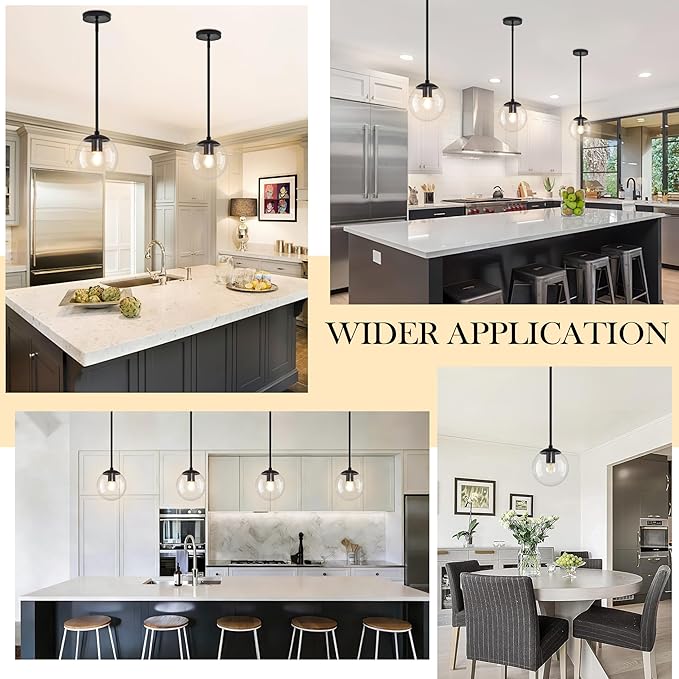 6" Globe Pendant Light Black 2 Pack Mid Century Pendant Light Globe Pendant Lights Kitchen Island Matte Black Finished with Clear Glass Adjustable Ceiling Light Fixtures for Dining Room Bar