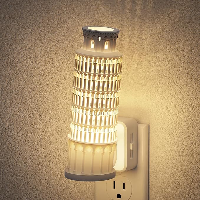 JandCase Night Lights Plug into Wall,3D Printed Leaning Tower of Pisa Night Light,3000K Plug in Nightlight with Dusk to Dawn Sensor,0-100LM Adjustable Brightness for Rooms Bathroom Hallway