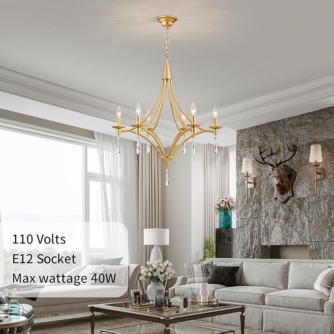 Modern Gold Crystal Chandelier, 6-Lights Farmhouse Chandeliers for Dining Room Light Fixtures Hanging Pendant Light, Modern Candle Chandelier for Bedroom Foyer Living Room Kitchen Island Entryway