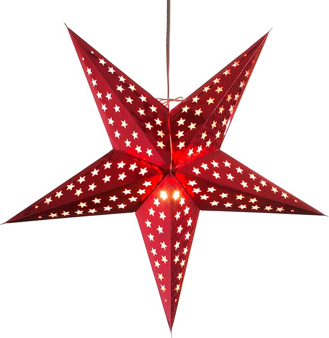 Hologram Red Paper Star Lantern with 12 Foot Power Cord Included