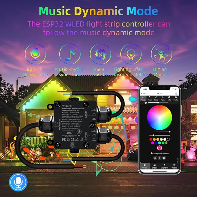 Waterproof ESP32 WLED Controller with Mic , Project for Pool Boat Landscape Outdoor Lights IP65 Dynamic RGB IC DIY Lighting WiFi APP Control for WS2812B DC5-24V RGBW LED Controller (2 Channel)