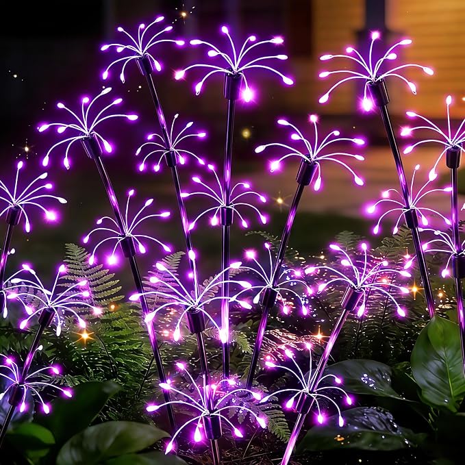 Solar Garden Lights Outdoor, 4 Pack 2-Layer Purple Solar Firework Lights | Purple Halloween Decoration, Waterproof Starburst Fairy Light Garden Decor for Christmas Yard Patio Pathway Lawn