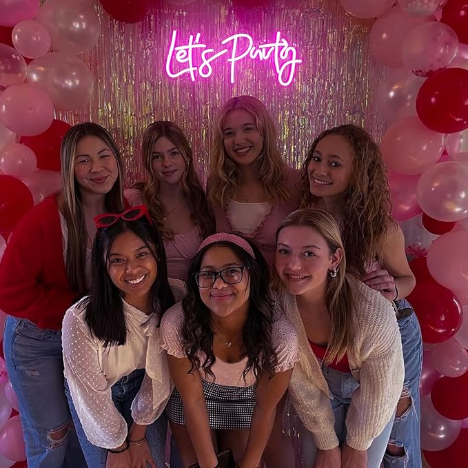 Let's Party Neon Sign, LED Neon Lights for Bedroom Wall Decor, Art Decorative Lights for Bachelorette Party, Engagement Party, Birthday Party, Living Room, Gamer Room Decor Aesthetic (Pink)
