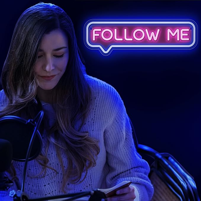Lumoonosity Follow Me Neon Sign - USB Powered Follow Me Neon Lights for Streamers/Influencers/Gamers – Blue&Pink Led Signs for Wall, Bedroom, Game Room Decor – Live Streaming Neon Signs - 16.5 * 4.7-inch