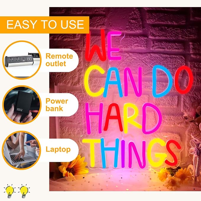 We Can Do Hard Things Neon Sign, Motivational Neon Light LED Classroom Sign USB Dimmable, for Inspirational Classroom Office Library Neon Light Kids Wall Art Bedroom Birthday Party Backdrop(13.3*10.6In)
