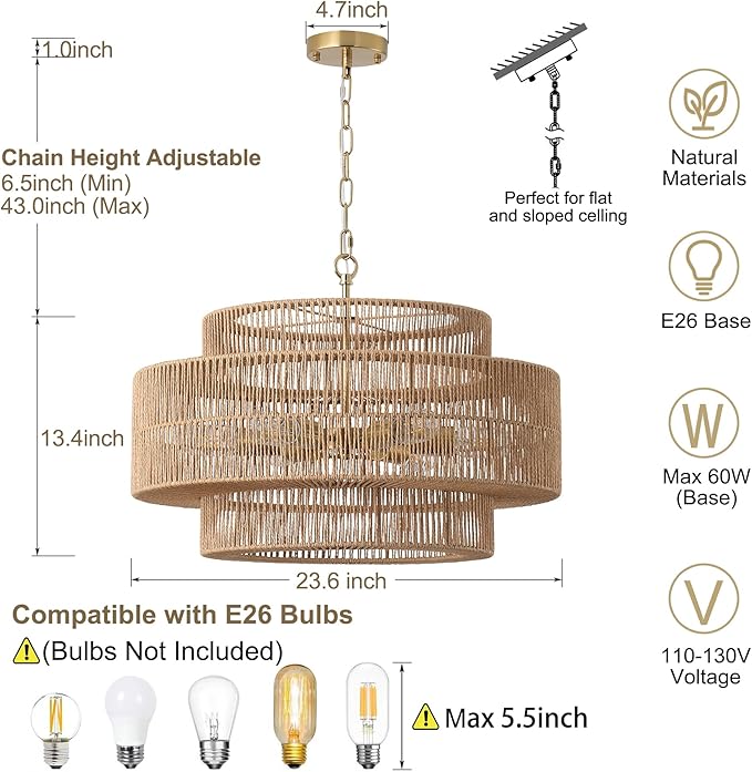 23.6"Large Boho Rattan Farmhouse Chandeliers for Dining Room,6-Light Rattan Hand-Woven Rustic Drum Chandelier Pendant Light Fixture for Kitchen Island Bedroom Living Room Entryway Foyer(Brown)