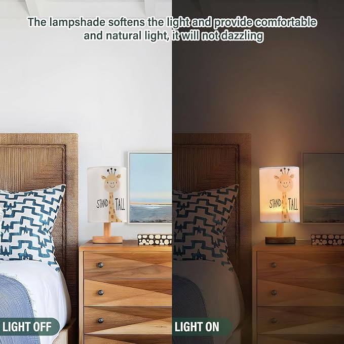 Cute Giraffe Cartoon Animal with Stand Tall Positive Bedside Table Lamps with USB Port for Bedroom LampSmall Nightstand Lamp Linen Shade Wooden Decorative Lamps for for Nursery Kids Reading Home