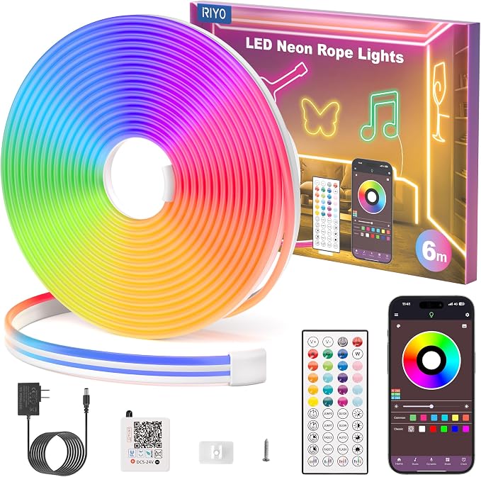 RIYO 20FT Neon Rope Lights App Remote Music Sync for Indoor Decor | IP67 Waterproof, Flexible Neon Lights for Bedroom, Gaming, Party, Outdoor Decor, Multiple Modes