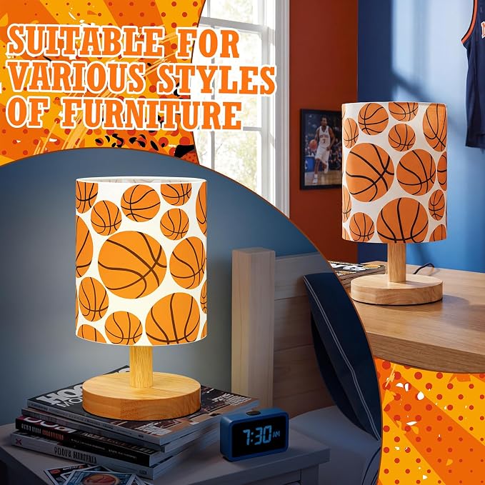 Basketball Kids Table Lamp for Bedroom Kids Bedside Lamp with Linen Wooden Nightstand Cartoon Nursery Lampshade for Girls Boys Living Room