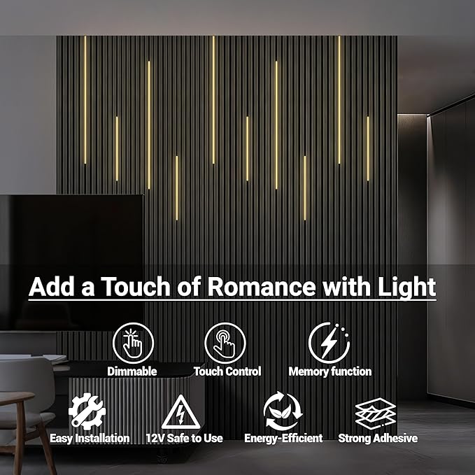 HAMRVL Black Wall Panel Lights - 10pcs 3000K Warm White Slat Wall Lights with Touch Control, Dimmable Self-Adhesive LED Recessed Lighting for Wood Slat Wall Panel, Media Wall, Bedroom, Living Room