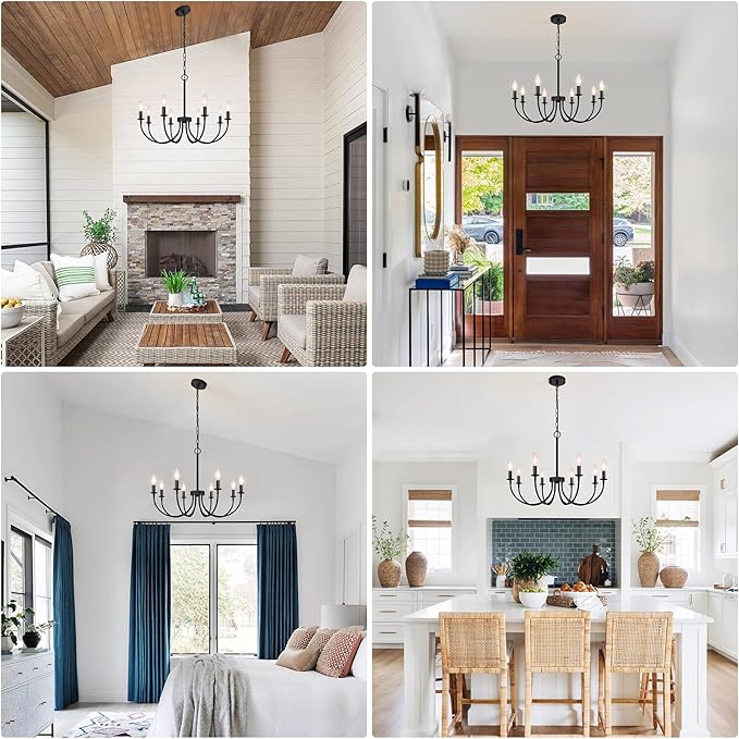 8-Light Black Chandelier, 26“ Farmhouse Chandelier for Dining Room Lighting Fixtures Hanging, Rustic Candle Modern Chandeliers for Living Room Bedroom Foyer Kitchen(Frosted Black)