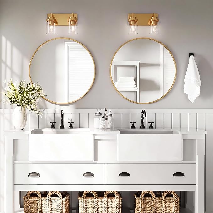 Bathroom Vanity Fixtures, 2 Light Matte Gold Vanity Light with Clear Glass Shade, 15in Farmhouse wall Light, Lighting Fixture Over Mirror for Bathroom