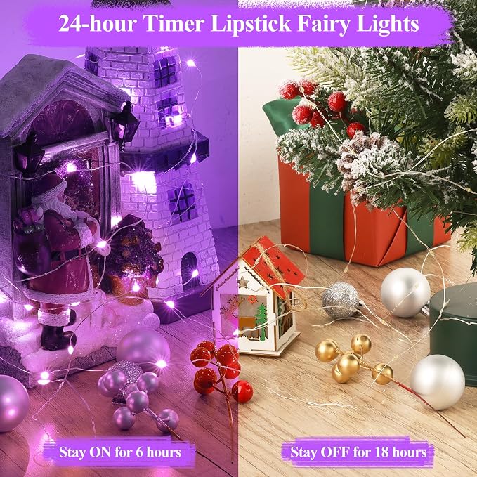 16FT(5M) Purple Fairy Lights, Rechargeable Battery Operated String Lights with Timer, 8 Modes Waterproof Mini LED Twinkle Lights for Bedroom Christmas Wedding Vine Centerpiece Table Decor