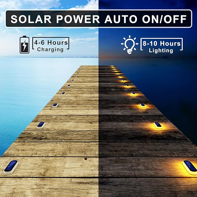 Solar Step Lights Outdoor Waterproof LED, 4 Pack Warm White Flat Solar Powered Deck Lights for Outside, Stick on Light Bar for Stair, Dock, Patio, Garden, Path, Walkway, Driveway, Porch