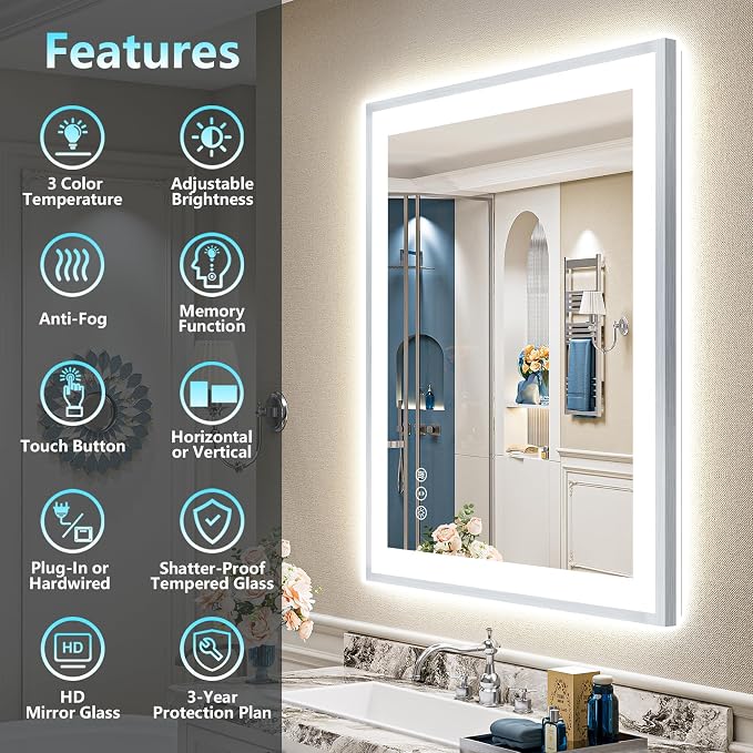 30x36 Inch Brushed Nickel LED Bathroom Mirror, Backlit & Front Lit | Silver Framed Anti-Fog Lighted Vanity Mirror with Lights, 3 Color Dimmable, Memory, HD Tempered Glass, CRI95, IP54, UL Listed