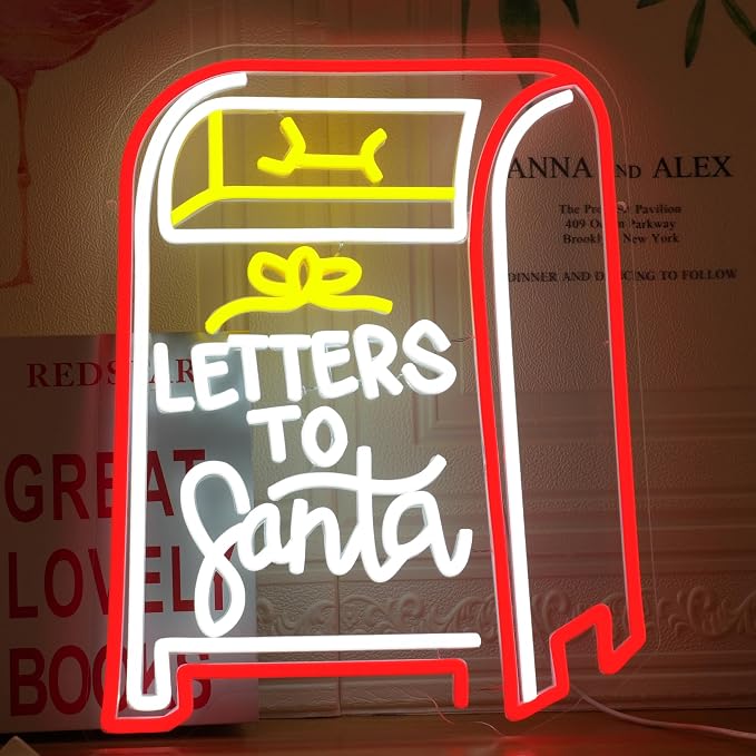 GNVETZLL Letters to Santa Neon Sign Christmas Letter Box Light up Sign Santa Neon Light Sign for Christmas Party Bedroom New Year Bar Wall Decorations(15.75 * 12.6In)