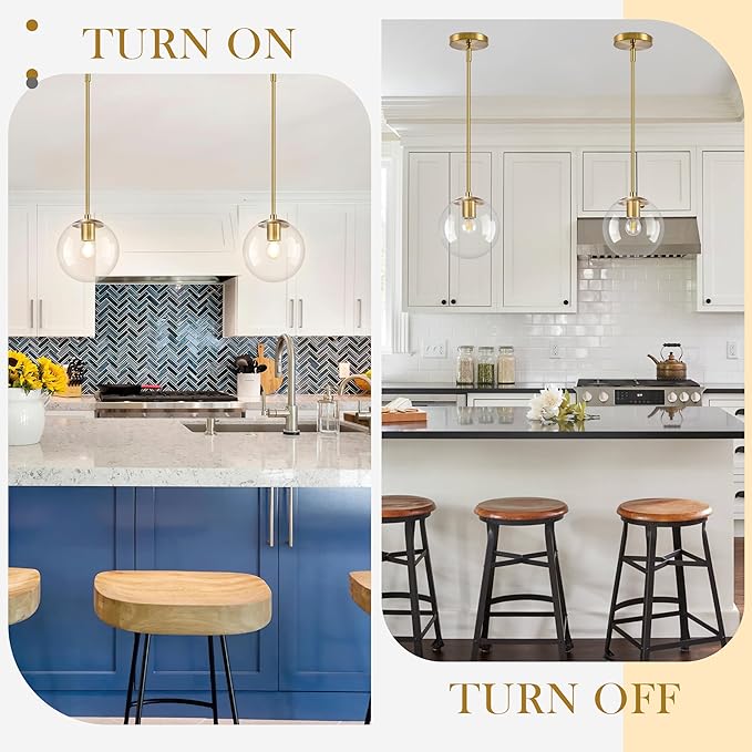 8" Globe Pendant Light Gold 2 Pack Mid Century Pendant Light Globe Pendant Lights Kitchen Island Brushed Brass Finished with Clear Glass Adjustable Ceiling Light Fixtures for Dining Room Bar