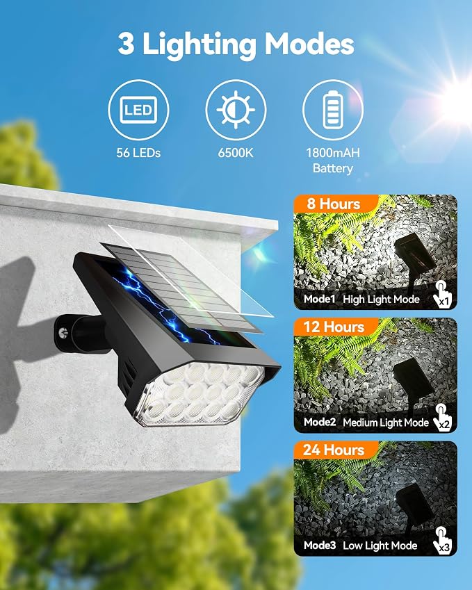 Solar Lights Outdoor Waterproof IP65, 56 LED 3 Lighting Modes Solar Spot Lights Outdoor, Solar Powered Landscape Lighting for Yard Pathway Garden, 6 Pack (Cool White)