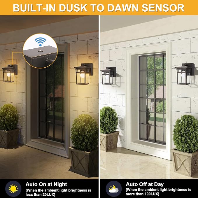 2 Pack Outdoor Porch Lights, Dusk to Dawn Wall Lighting with GFCI Outlet | Waterproof Alunmium Wall Sconces with Clear Glass Shade, Outside Porch Lights House Patio Garage Front Door, Bulbs Included