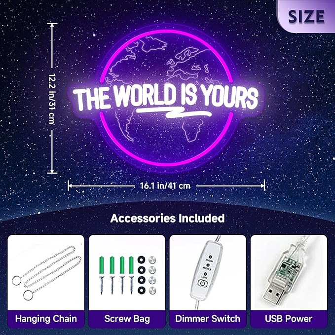 The World Is Yours Neon Sign Dimmable Carved Planet The World Is Yours LED Signs Purple Neon Sign for Bedroom Classroom Man Cave Game Room Birthday Christmas Gifts for Kids