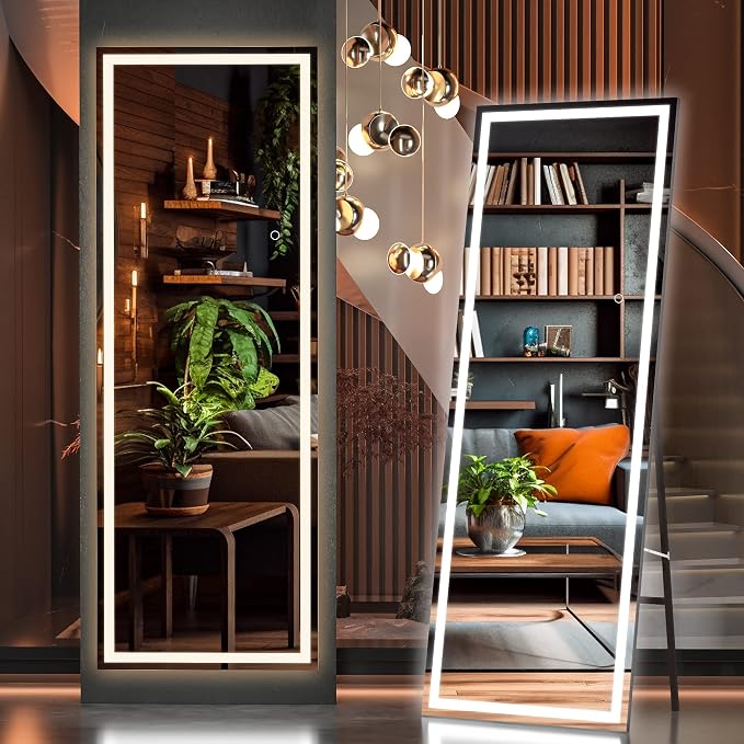 Hasipu Full Length Mirror with Lights, 66.9" x 23.6" LED Lighted Floor Standing, Full Body Dressing Hanging Mounted Mirror, Tempered Glass