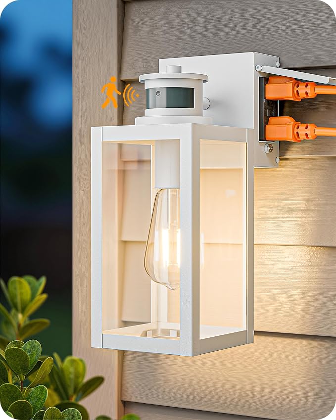 EDISHIEN Motion Sensor Outdoor Wall Lights, 2 GFCI Outlets & 3 Modes, 12" H Waterproof Modern Porch Light, Dusk to Dawn Exterior Wall Lantern for House, Garage, Front Door, White