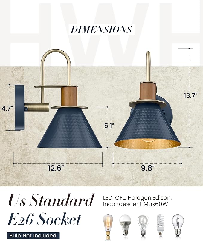 Rustic Wall Sconces Set of Two, HWH Indoor Wall Sconce 1-Light Barn Vanity Light, Hammered Barn Wall Lamp for Bathroom Bedroom Kitchen, Hammered Metal Shade, Navy Blue Finish, 5HZG74B-2L BL+BG