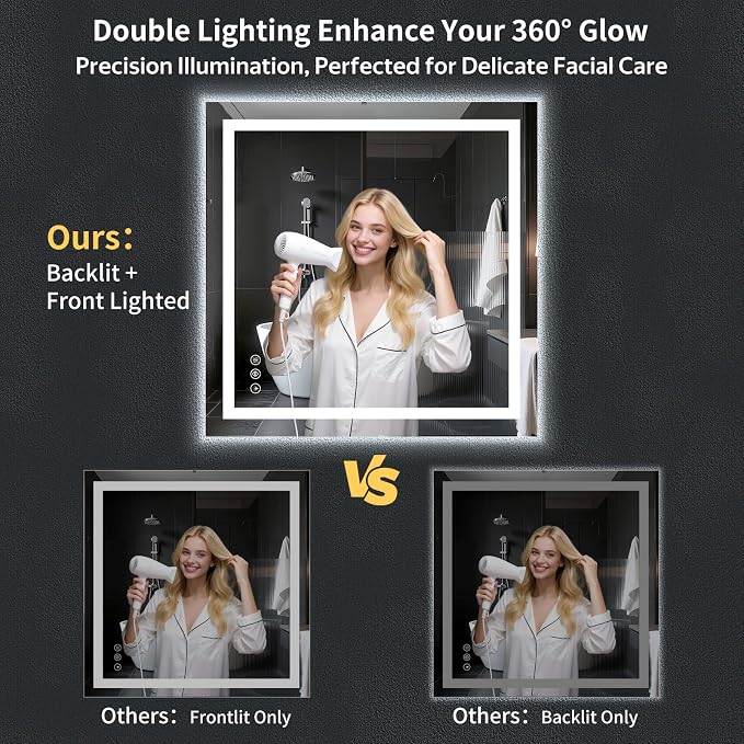 47"x47" LED Bathroom Mirror with Lights, Backlit+Frontlit, Anti-Fog | CRI 95, Stepless Dimmable, 3 Colors Lighting, Shatterproof Tempered Glass, HD Reflection, Memory, (Horizontal/Vertical)