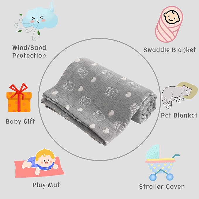 NTBAY 3 Layer Muslin Toddler Blanket, 30 x 40, Dark Grey Rabbit | Breathable Muslin Cotton Outer Layers with Light Thermal Fill, Reversible for Stroller, Daycare, Travel, and Supervised Use