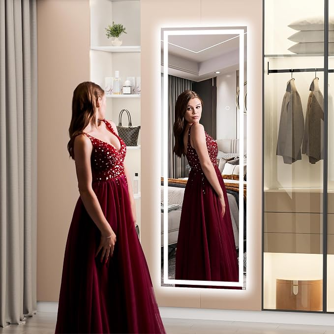 Hasipu Full Length Mirror with Lights, 55.7" x 16" LED Floor, Full Body Dressing Standing, Hanging Mounted Mirrors