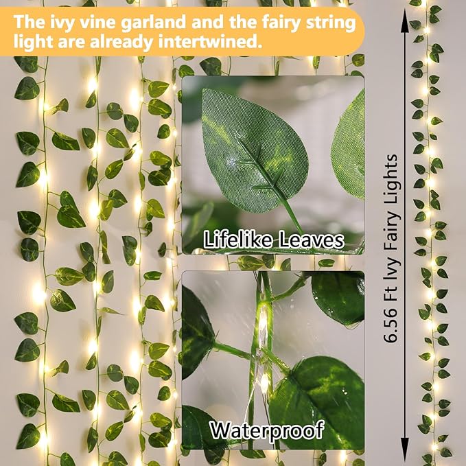 Vines with Lights Battery Operated, 6.56ft 20 LED Pothos with Fairy Lights, Leaf Lights with 8 Modes, Fake Vines Ivy String Lights for Bedroom, Wall, Room, Garden, Party Decor, 2 Pack