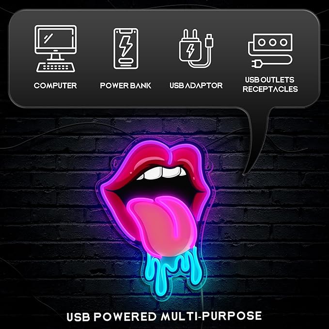 Lips Tongue Neon Sign Tongue LED Neon Light Up Sign for Wall Decor Tongue Drool LED Sign Neon Light for KTV Bar Pub Man Cave Bedroom Party Wedding Decor