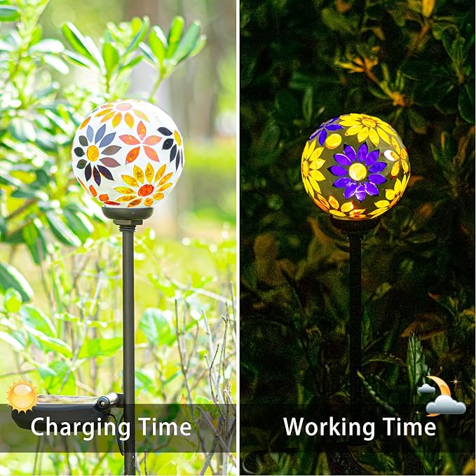 VCUTEKA Decorative Solar Garden Lights, 3.5" Mosaic Globe Outdoor Stake | Mosaic Glass Globe Design, Solar LED Light, Waterproof Design, Auto On/Off and Metal Stake Design for Lawn and Patio