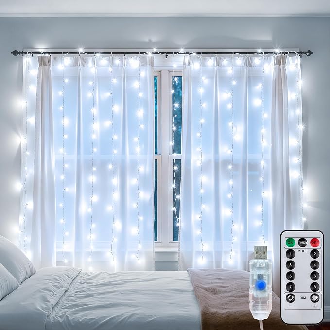 Curtain String Lights Indoor, 200LED 6.6 * 6.6FT USB Plug-in Window Curtain Lights with Timer and 8 Modes, Waterproof Cool White Curtain Fairy Lights for Bedroom Room Wedding Outdoor Decor