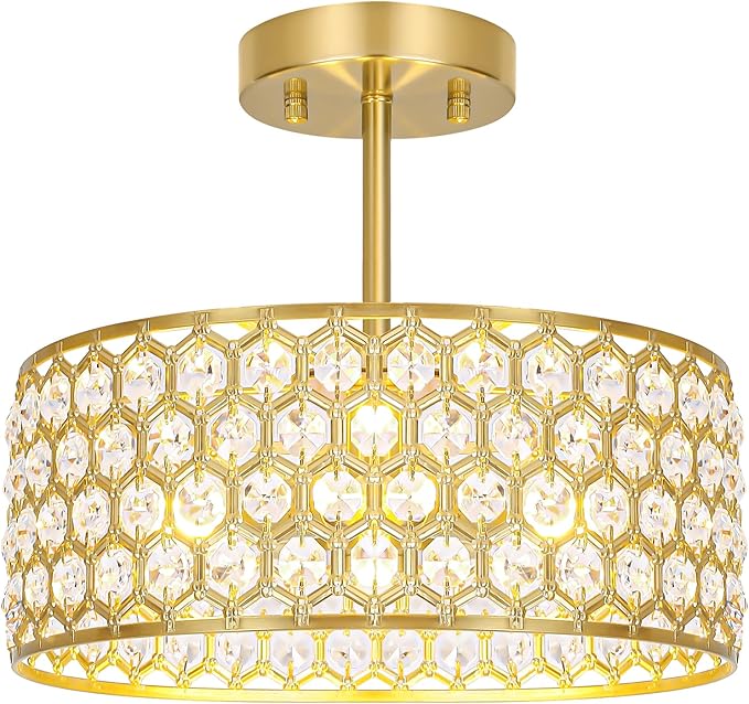 Lxybcce Gold Crystal Ceiling Light Fixture - Modern Semi Flush Mount Ceiling Light for Hallway, Kitchen Lighting Fixtures Ceiling, Dazzling Prism Chandelier for Foyer Closet Bedroom, 3 Light, 12 in