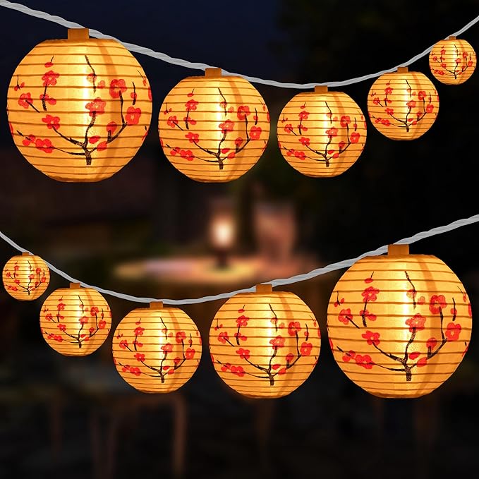 HOSY 10 Count Lantern with 11' White Wire String Lights, 12" Spacing Plug-in Lantern String Lights (Plum Blossom)