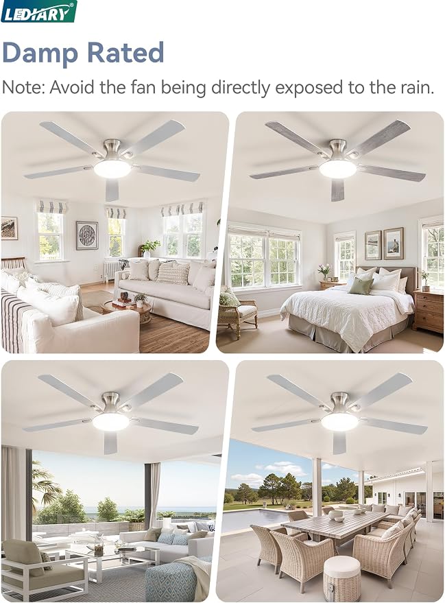 LEDIARY 60 Inch Flush Mount Ceiling Fans with Lights, Remote & APP Control | 3CCT,Stepless Dimmable,Memory Function,Timer,6-speed,Reversible Blade, Quiet DC Motor, Damp-Rated, Living Room, Covered Patio