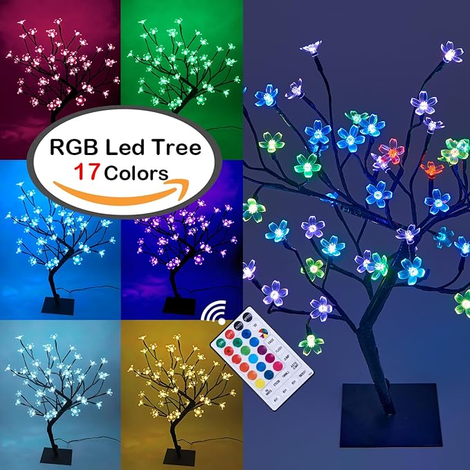 LIGHTSHARE 18 Inch Cherry Blossom Bonsai Tree, 48 LED Lights, RGB with Remote Control, 16 Color-Changing Modes, 24V UL Listed Adapter Included, Metal Base Ideal As Night Lights