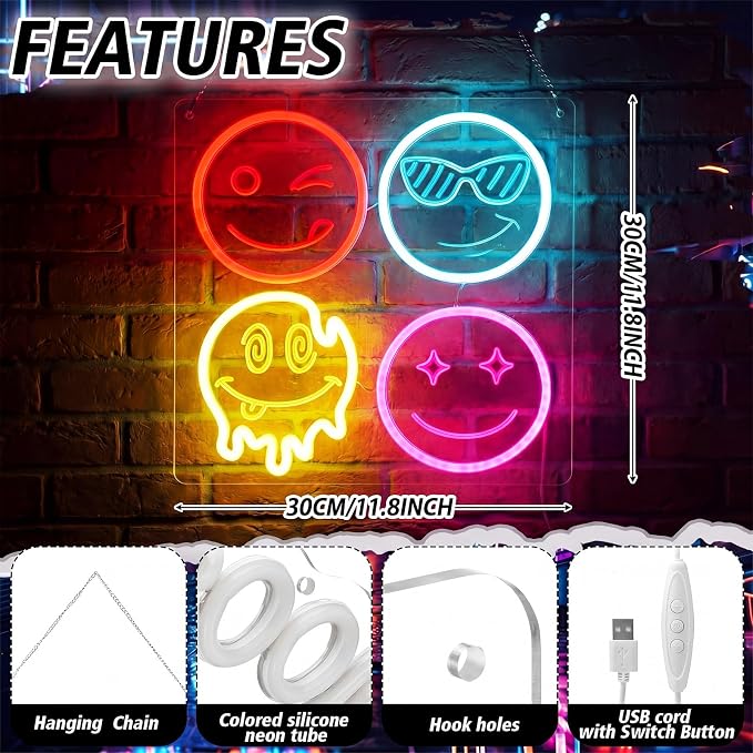 Smile Face Neon Classroom Sign Multicolor Smile Face LED Neon Light for Wall Decor Gifts LED Sign for Classroom Bedroom Party Bar Wedding Art Decoration Gifts