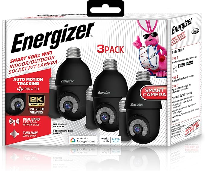 Energizer Smart Socket Camera 3-Pack, 2K QHD Outdoor Light Bulb Security Camera, 5GHz/2.4GHz, Pan & Tilt Auto Motion Tracking, 2-Way Audio, Night Vision, Recording, Voice Control with Alexa & Google