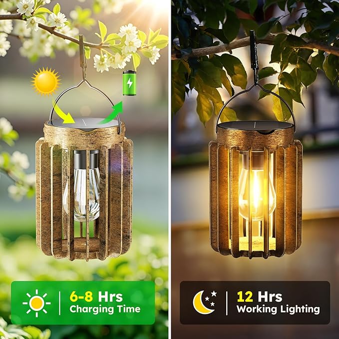 4 Pack Solar Lanterns Outdoor Waterproof, Retro Metal Hanging Lantern | 12-Hr Runtime Outdoor Solar Lantern, Auto On At Dusk, High Bright Hanging Solar Lights for Outside Garden Porch Patio Decor