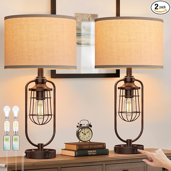 Table Lamps for Living Room Set of 2, Farmhouse Lamps for Night Stands, Industrial Bedside Lamps for Bedroom Nightstand with USB A+C, Bulbs Included
